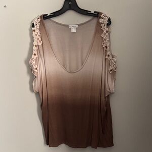 VENUS Ombre Cold-Shoulder Tank Top with Floral Lace Straps - Taupe/Brown